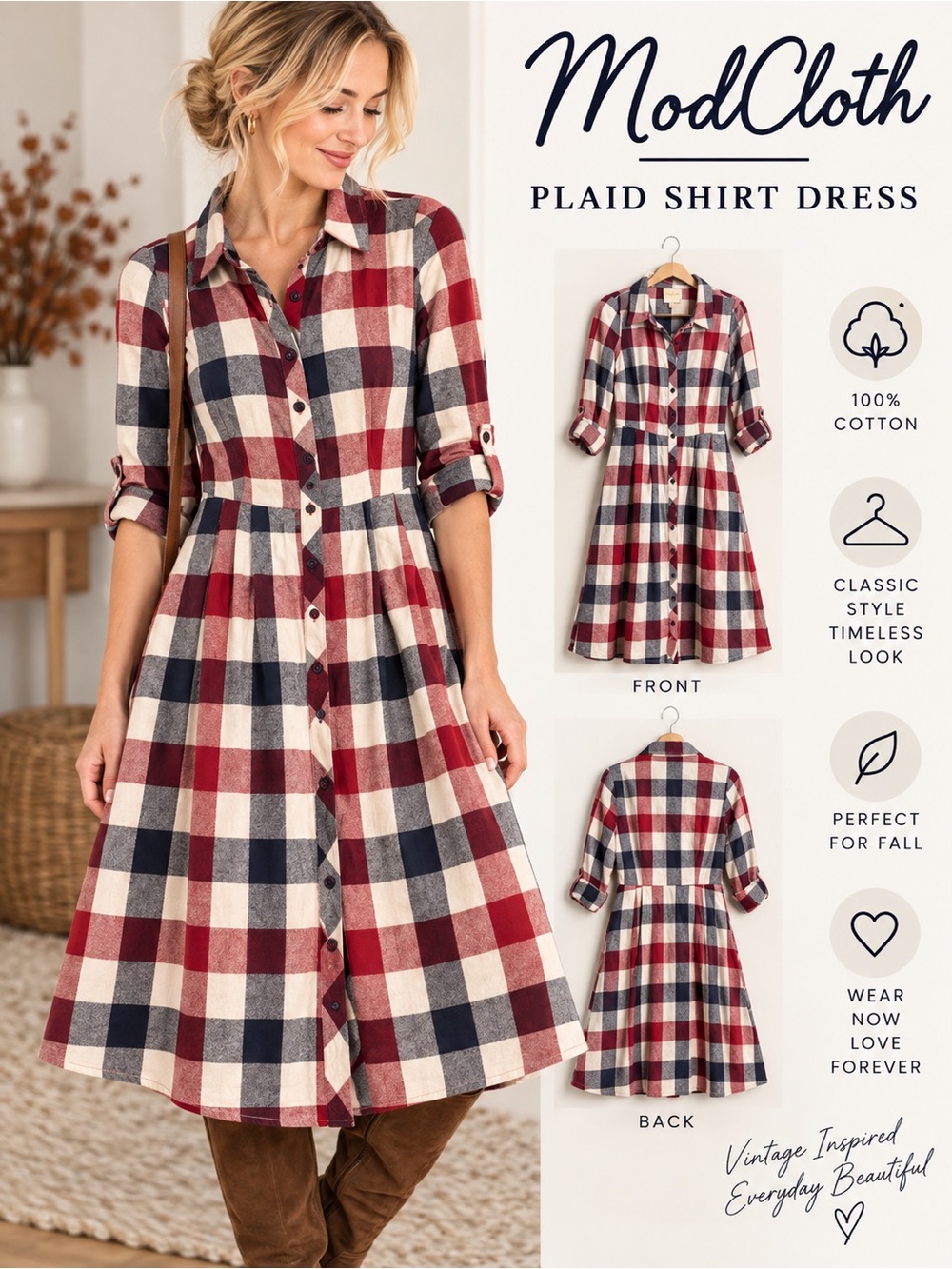 ModCloth Plaid Shirt Dress Size Medium Red Navy Cream Cotton Midi